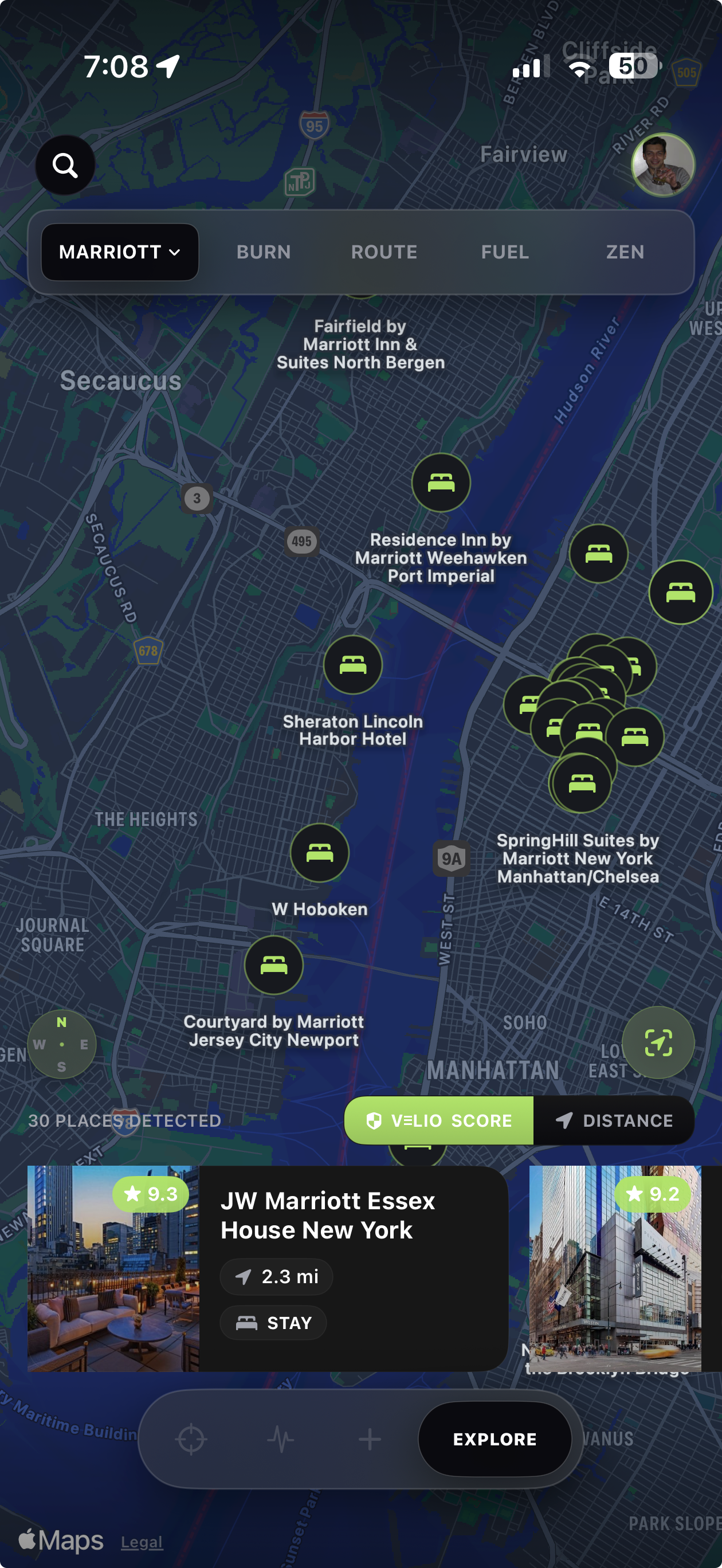 Explore map with nearby hotels and VELIO score