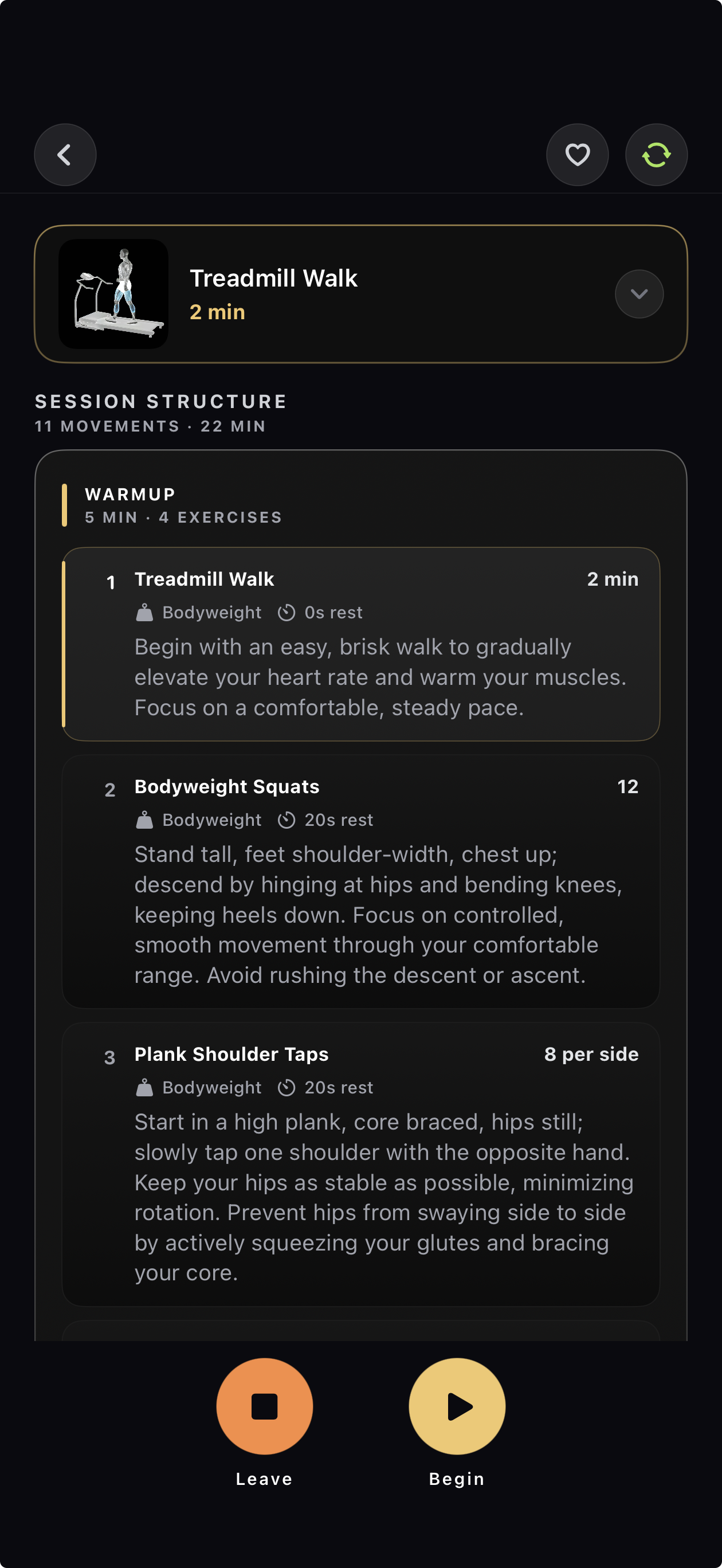 Workout player with Begin on a hotel session